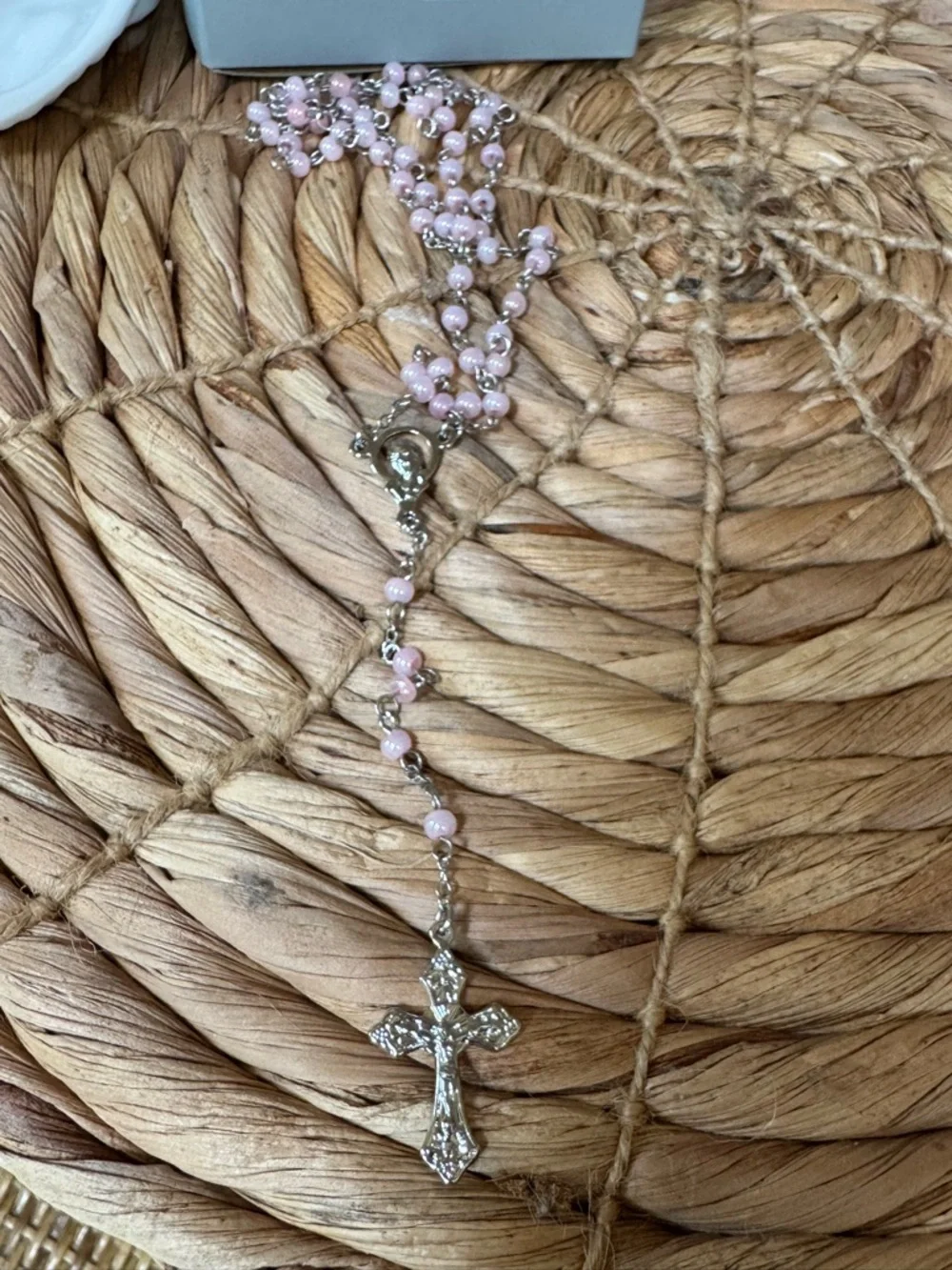 Roman Baby Rosary Set with Pink Beads and Decorative Cross